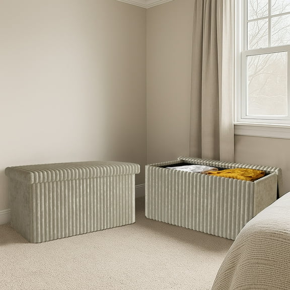 Home Design Florence Upholstered Folding Storage Bench with Foam Filled Seat, Multi-Purpose Rectangular Design for Seating, Footrest, or Hidden Storage in Living Room or Office, Light Beige