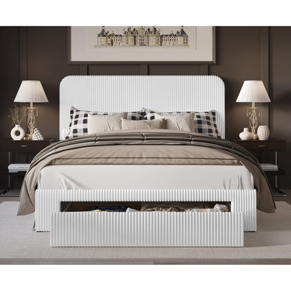 Home Design Freya Twin Upholstered Storage Panel Bed Frame with Foam-Cushioned Headboard and Footboard Drawer, White, Easy Assembly