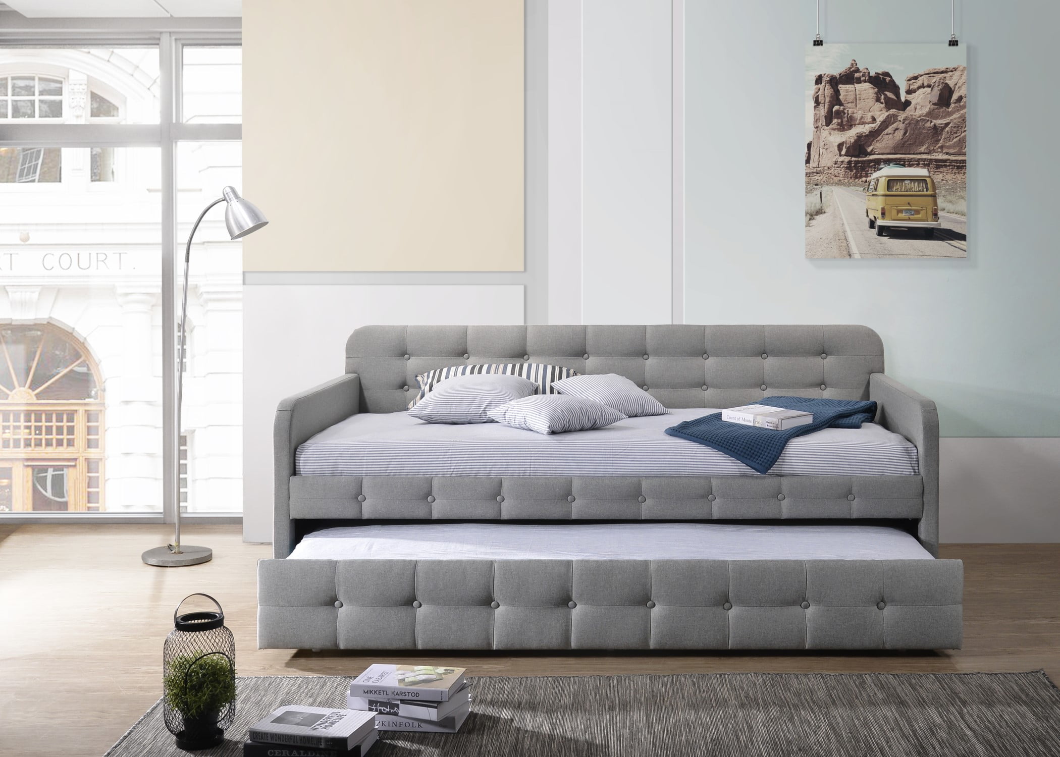 Home Design Fulham Twin Daybed with Upholstered Frame and Roll-Out Trundle, Button-Tufted Back, Track Arms, Elegant Modern Design, Gray