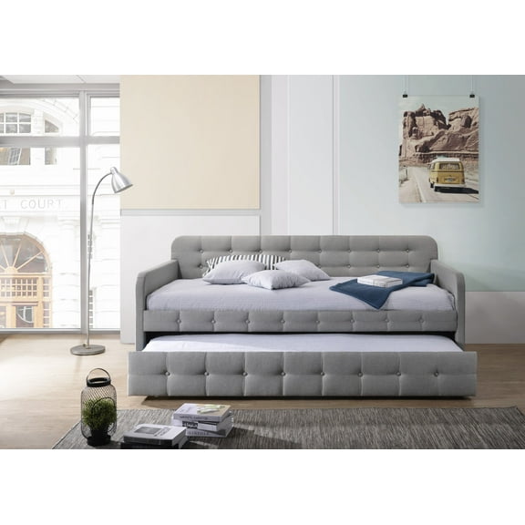 Home Design Fulham Twin Daybed with Upholstered Frame and Roll-Out Trundle, Button-Tufted Back, Track Arms, Elegant Modern Design, Gray