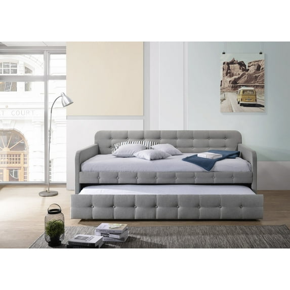 Home Design Fulham Twin Daybed with Upholstered Frame and Roll-Out Trundle, Button-Tufted Back, Track Arms, Elegant Modern Design, Gray