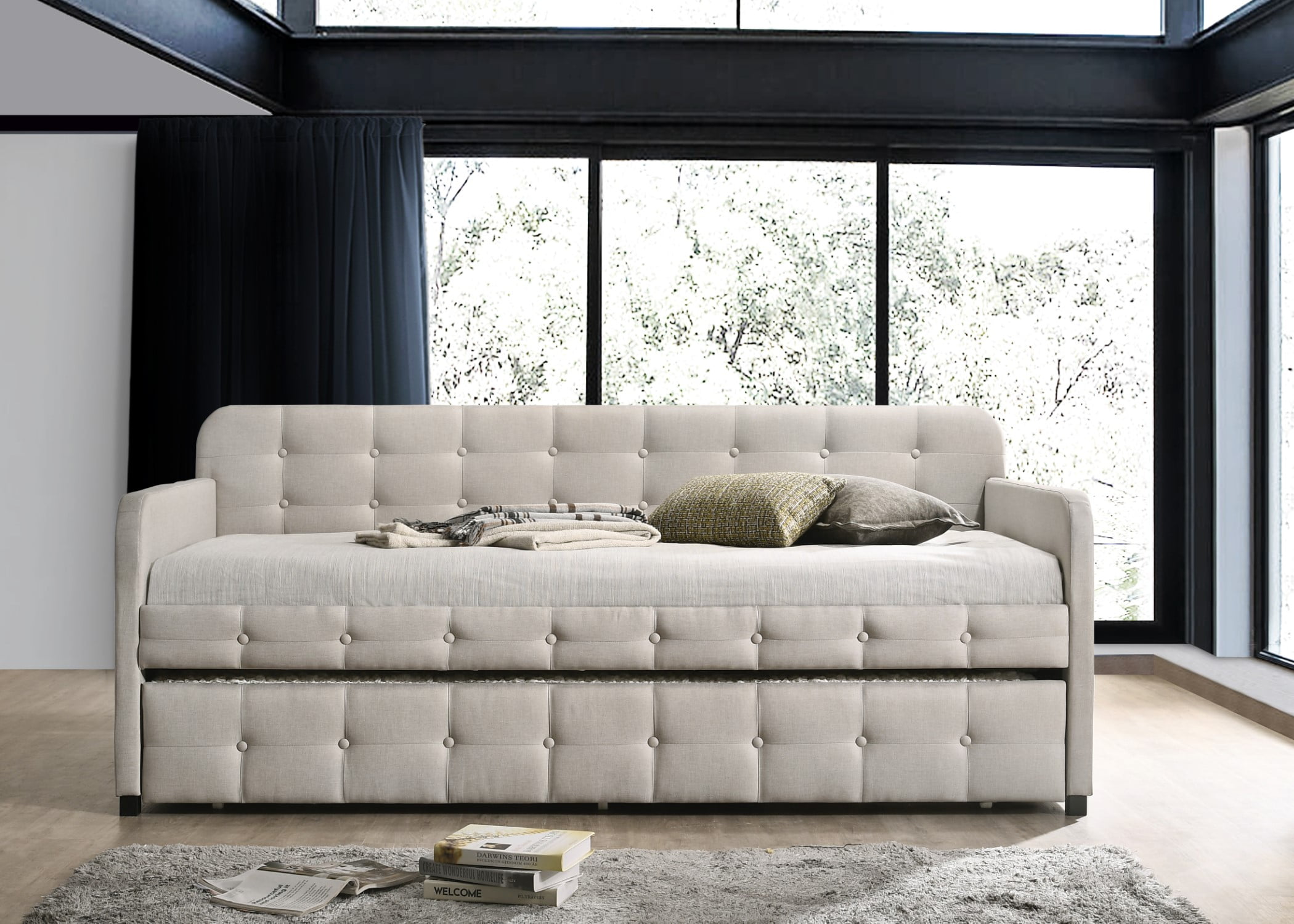 Home Design Fulham Twin Daybed with Upholstered Frame and Roll-Out Trundle, Button-Tufted Back, Track Arms, Elegant Modern Design, Warm Gray