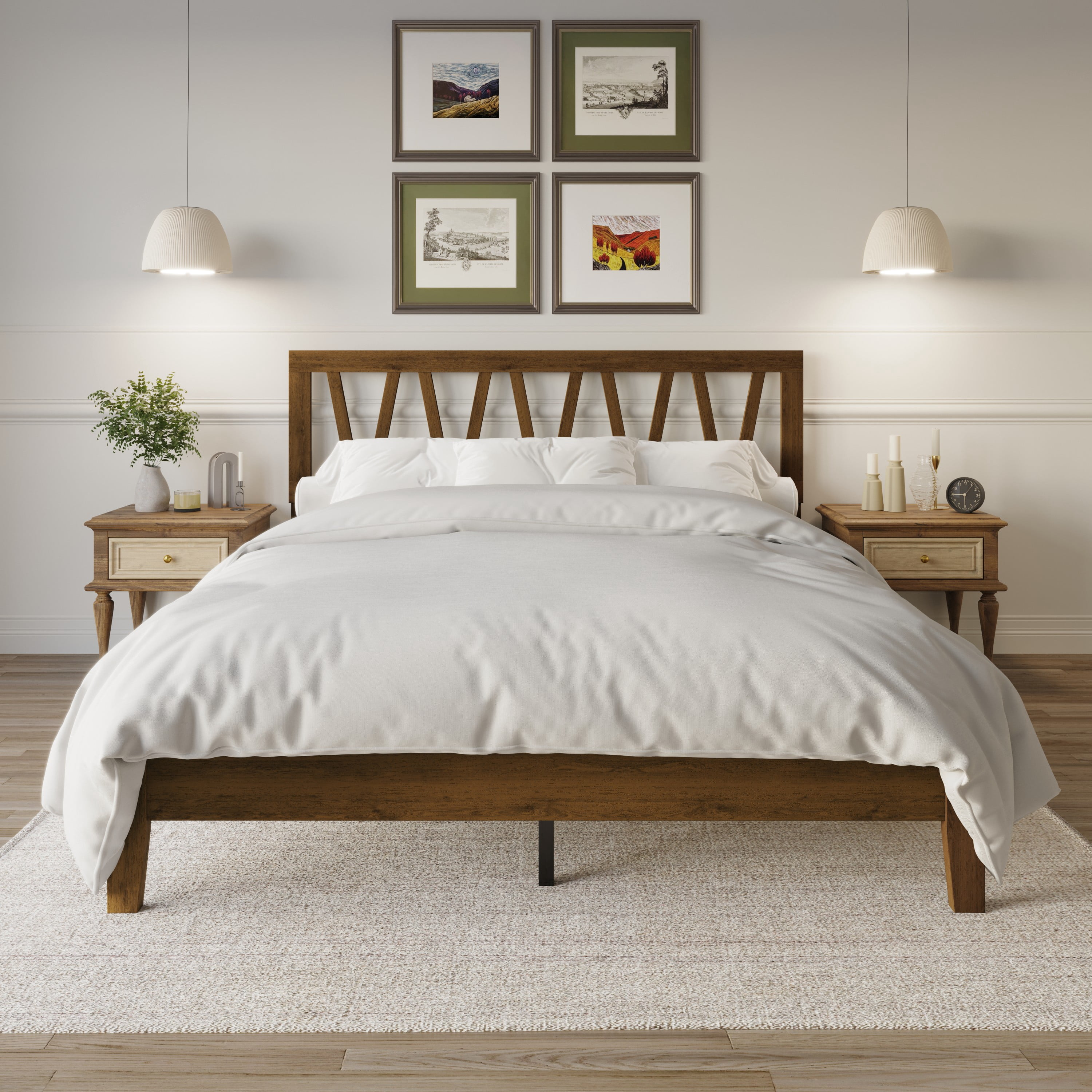 Home Design Gadsden Twin Panel Bed Frame with Arched V-Design Headboard and Center Leg Support, Brown, Box Spring Required, Easy Assembly