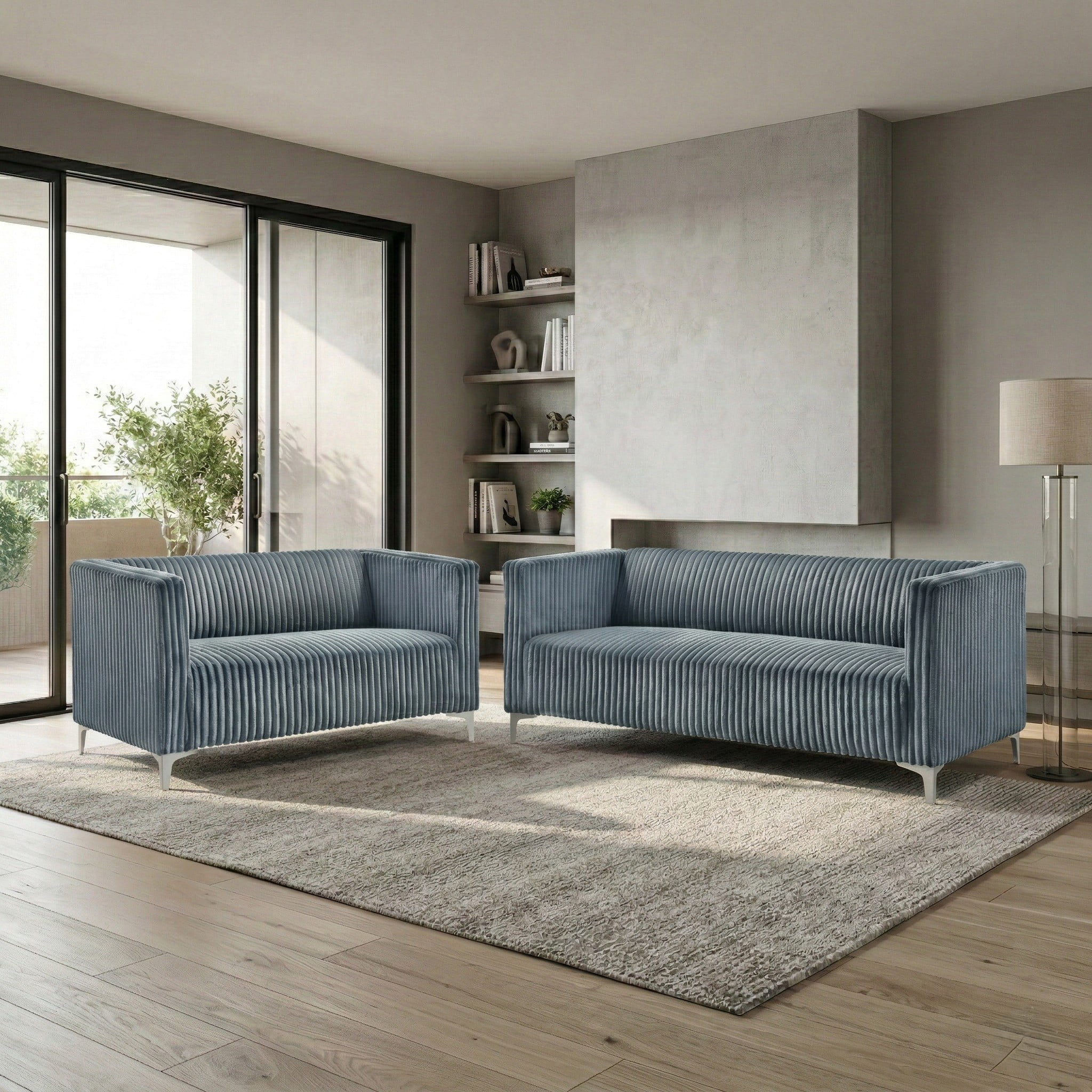 Home Design Gavin 2-Piece Velvet Living Room Set with Loveseat and Sofa, Square Arm Design, Channel Tufted Upholstery, Blue