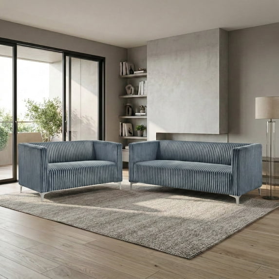 Home Design Gavin 2-Piece Velvet Living Room Set with Loveseat and Sofa, Square Arm Design, Channel Tufted Upholstery, Blue