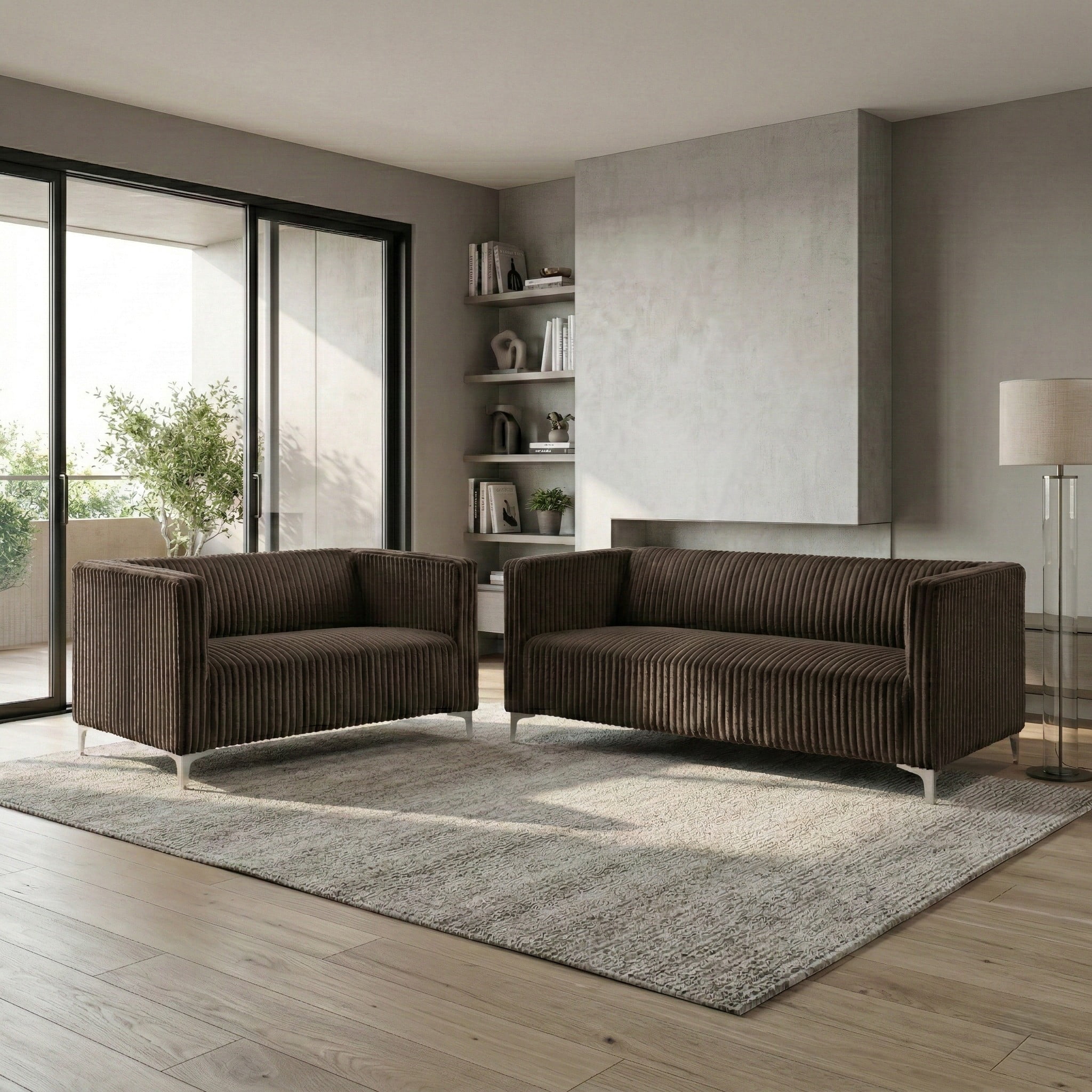 Home Design Gavin 2-Piece Velvet Living Room Set with Loveseat and Sofa, Square Arm Design, Channel Tufted Upholstery, Brown