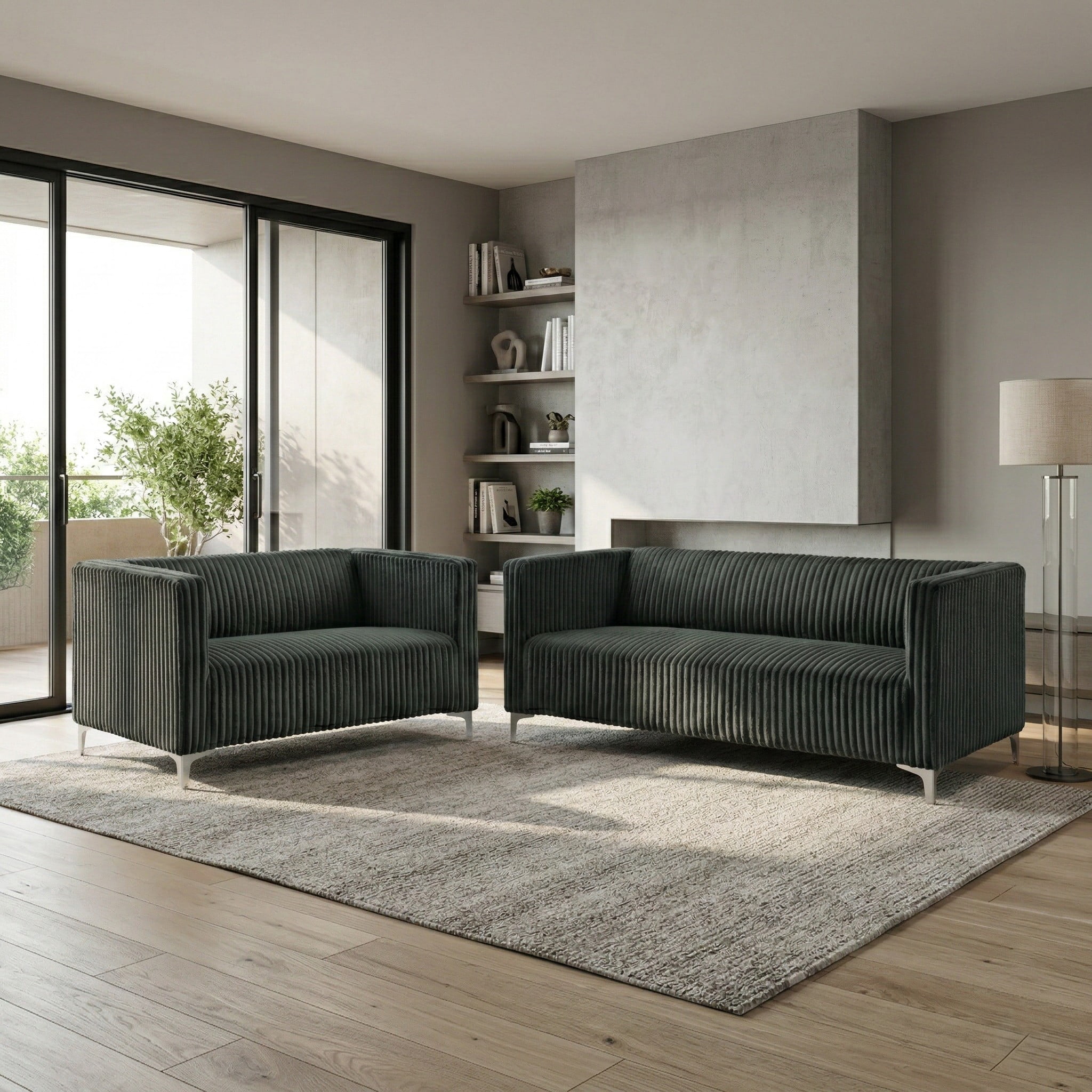 Home Design Gavin 2-Piece Velvet Living Room Set with Loveseat and Sofa, Square Arm Design, Channel Tufted Upholstery, Gray