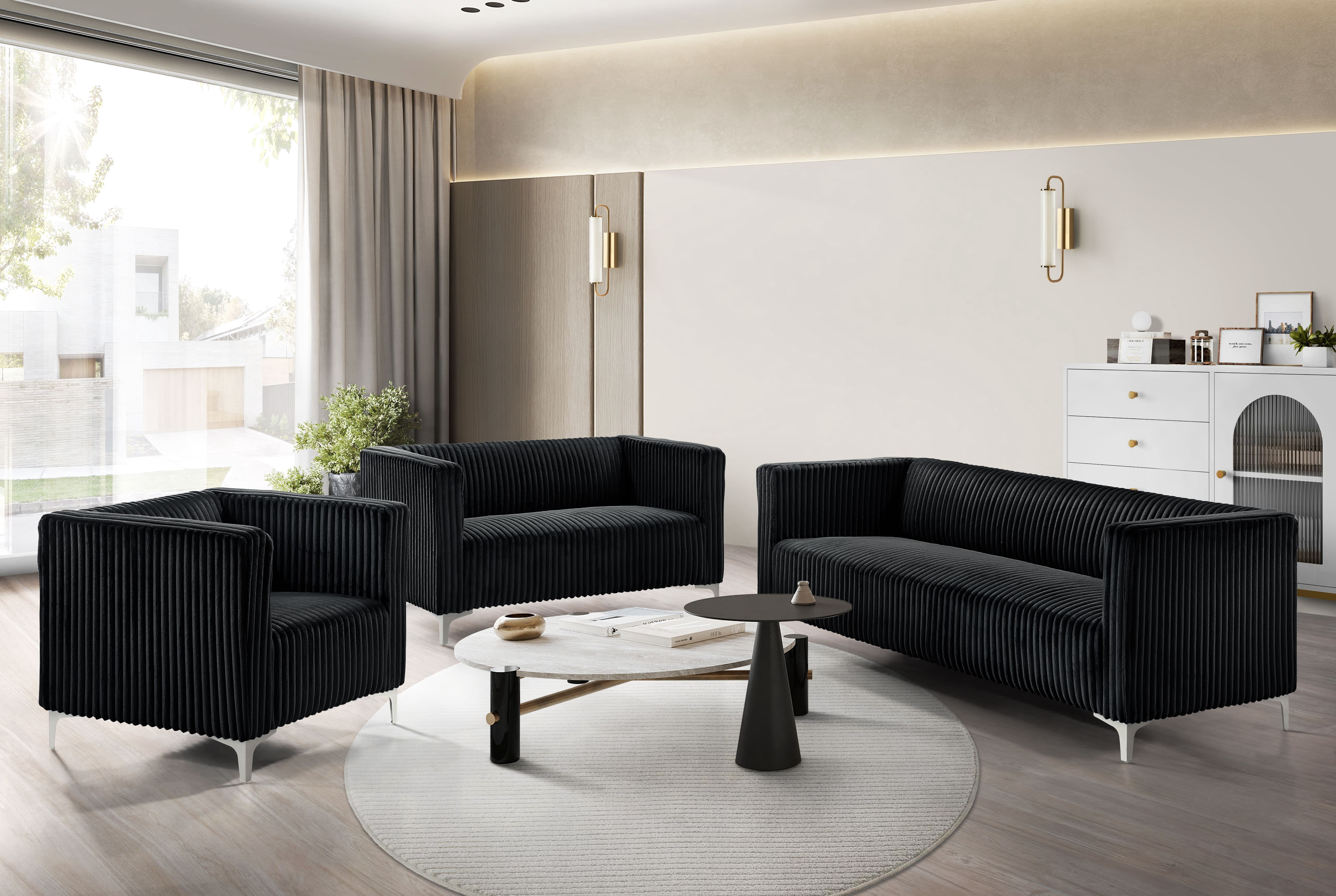 Home Design Gavin Velvet Square Arm 3-Pieceliving Room Set With Chair , Loveseat And Sofa, Black