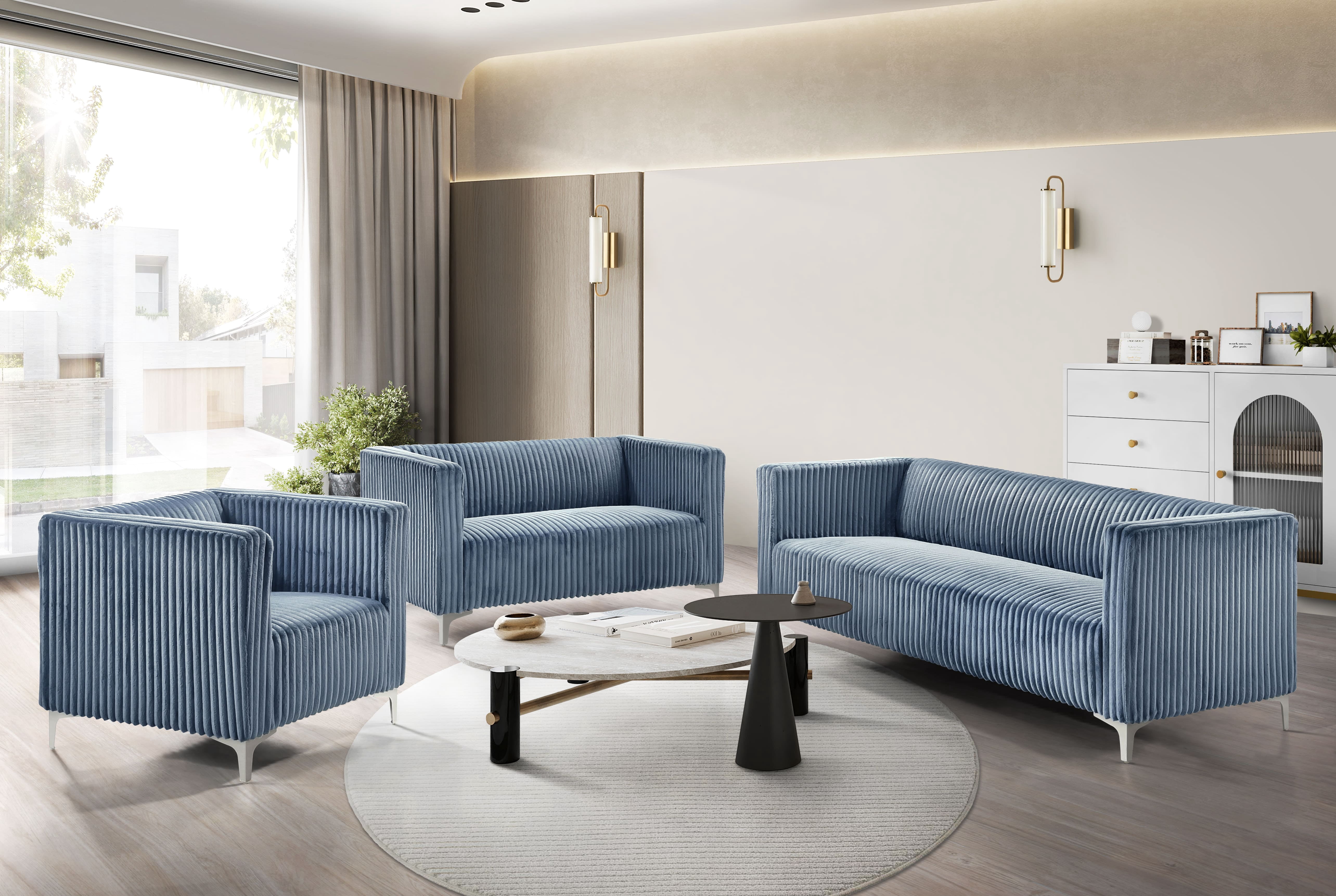 Home Design Gavin Velvet Square Arm 3-Pieceliving Room Set With Chair , Loveseat And Sofa, Blue