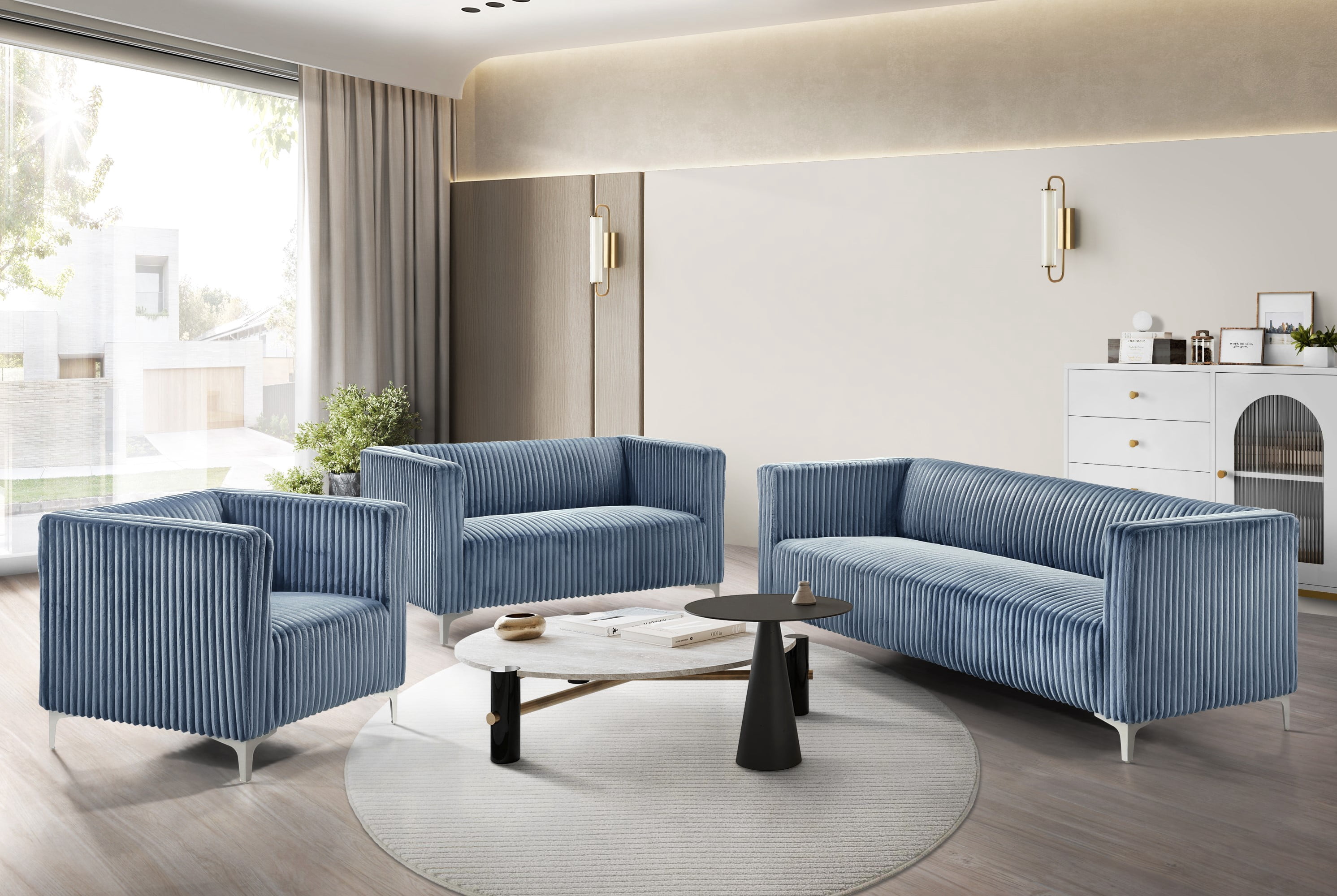 Home Design Gavin Velvet Square Arm Chair with Plush Cushions and Modern Upholstery, Durable Frame for Living Room, Contemporary Blue Design