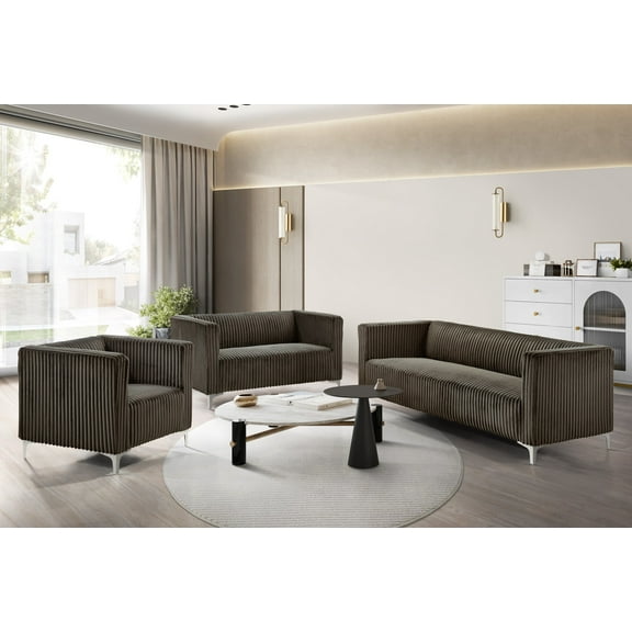 Home Design Gavin Velvet Square Arm Chair with Plush Cushions and Modern Upholstery, Durable Frame for Living Room, Contemporary Brown Design