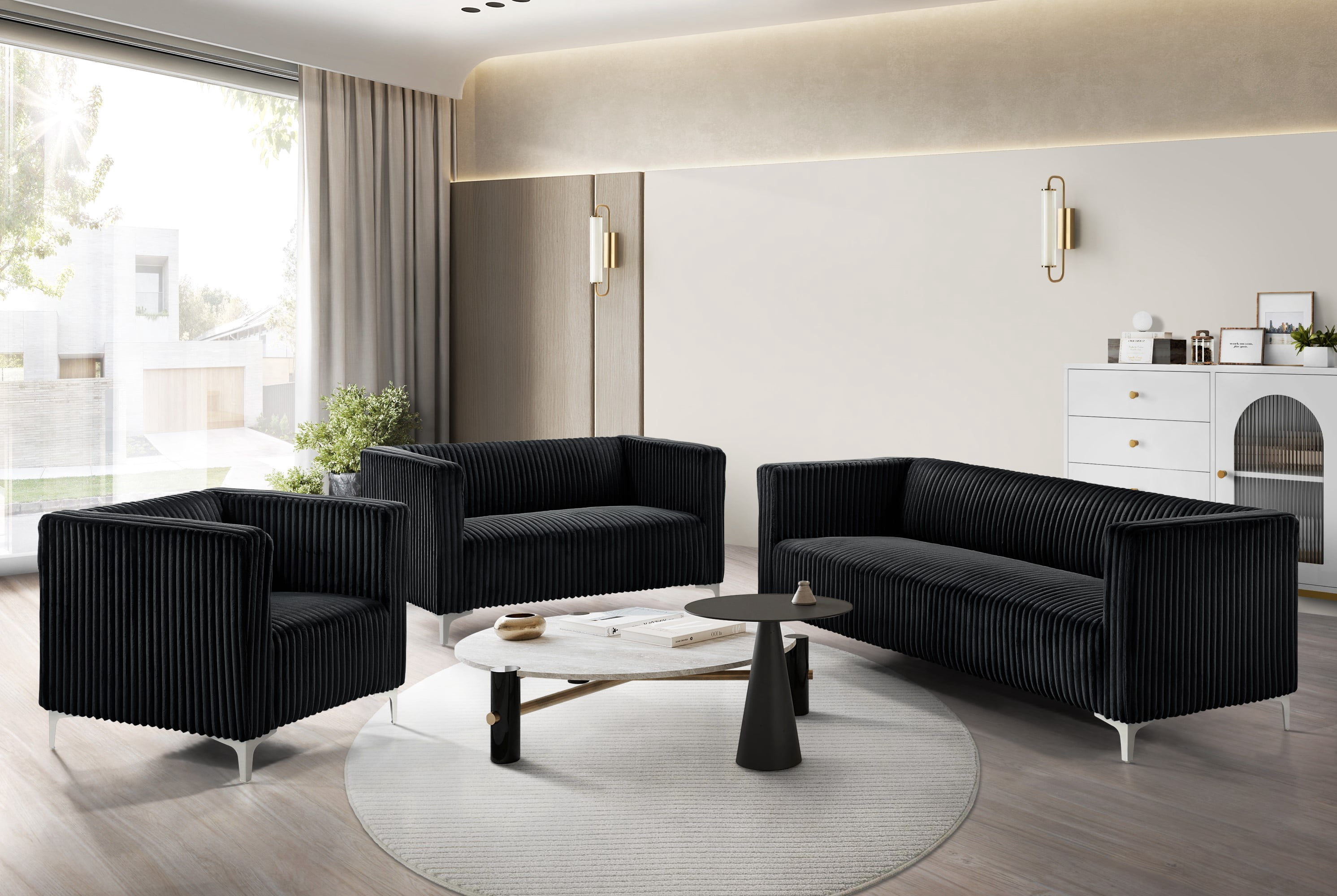 Home Design Gavin Velvet Square Arm Loveseat with Plush Cushions and Modern Upholstery, Durable Frame for Living Room, Contemporary Black Design