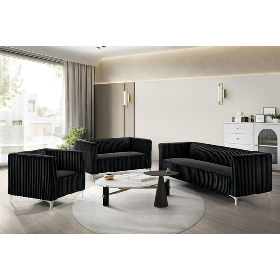 Home Design Gavin Velvet Square Arm Loveseat with Plush Cushions and Modern Upholstery, Durable Frame for Living Room, Contemporary Black Design
