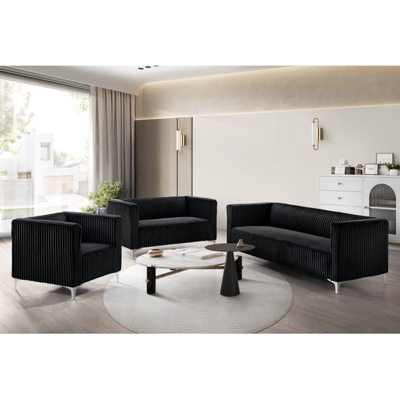 Home Design Gavin Velvet Square Arm Loveseat with Plush Cushions and Modern Upholstery, Durable Frame for Living Room, Contemporary Black Design