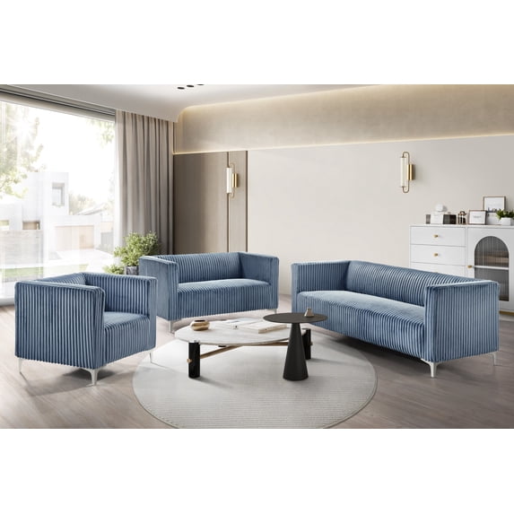 Home Design Gavin Velvet Square Arm Sofa with Plush Cushions and Modern Upholstery, Durable Frame for Living Room, Contemporary Blue Design