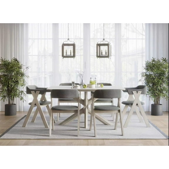 Home Design Geneva Dining Set, Gray/Antique Gray, Rectangular table, Open-back cushioned chairs, Comfortable seating, Pedestal base, Modern style, Durable construction