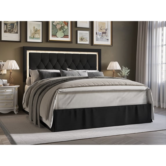 Home Design Gianna Queen Tufted Upholstered Platform Bed Frame with Button-Tufted Headboard and Bed Skirt, Black, Easy Assembly
