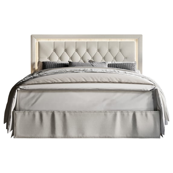 Home Design Gianna Twin Tufted Upholstered Platform Bed Frame with Button-Tufted Headboard and Bed Skirt, Warm Gray, Easy Assembly