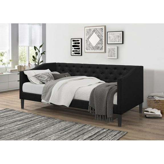 Home Design Gianna Twin Daybed with Upholstered Frame, Button-Tufted Back, Soft Fabric Finish, Stylish and Comfortable Seating or Sleeping, Black