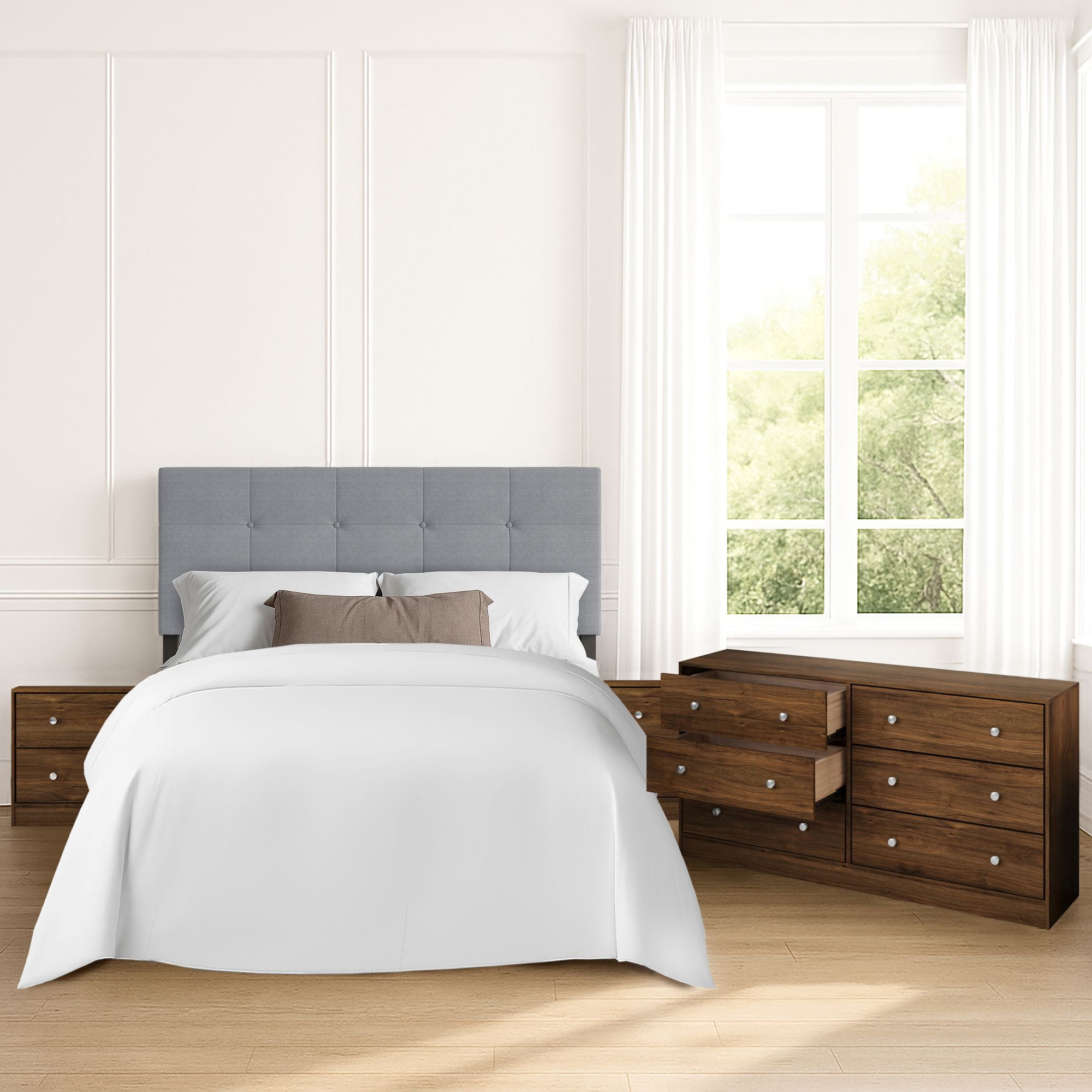 Home Design Gina Upholstered Headboard with Altoona Dresser and 2 Nightstands; Bedroom Set
