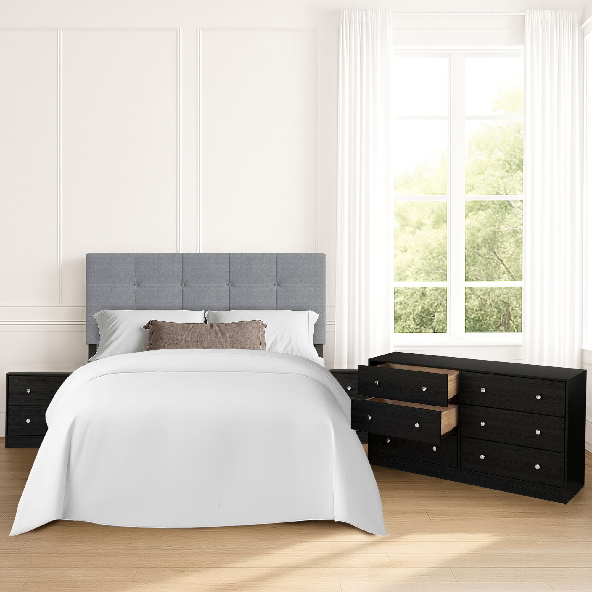 Home Design Gina Upholstered Headboard with Altoona Dresser and 2 Nightstands; Bedroom Set