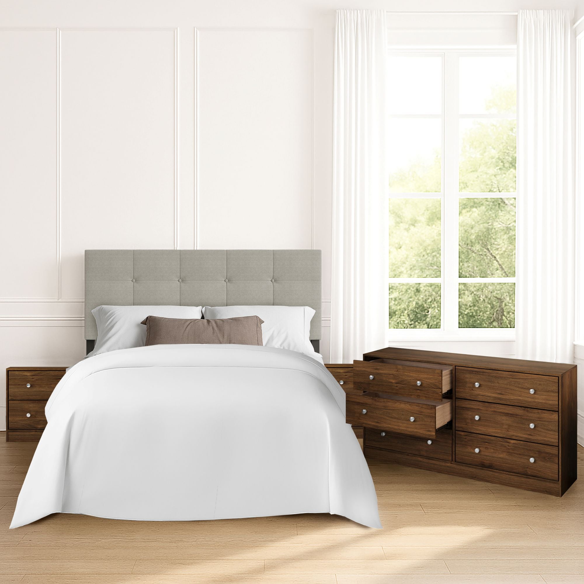Home Design Gina Upholstered Headboard with Altoona Dresser and 2 Nightstands; Bedroom Set