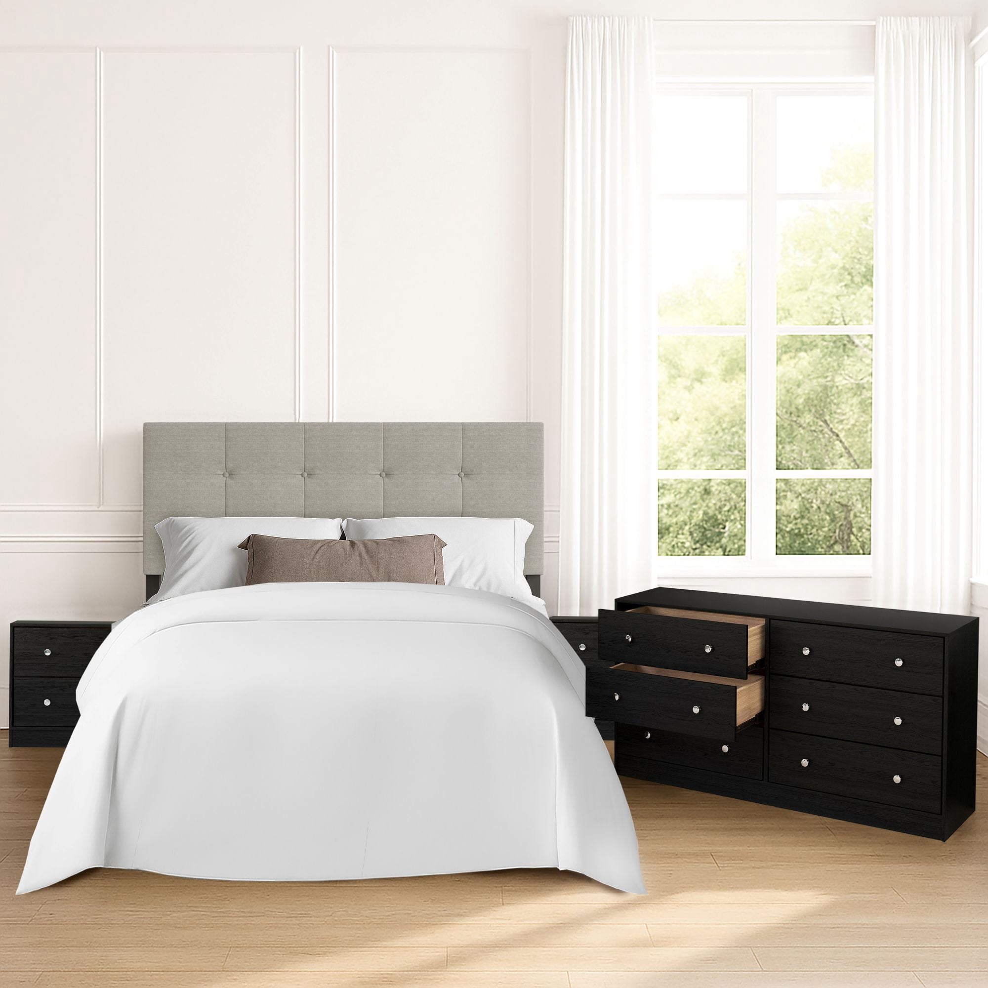 Home Design Gina Upholstered Headboard with Altoona Dresser and 2 Nightstands; Bedroom Set