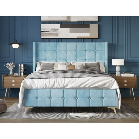 Home Design Gisella Full Upholstered Panel Bed Frame with Headboard Wingback for Adult, Blue, Easy Assembly