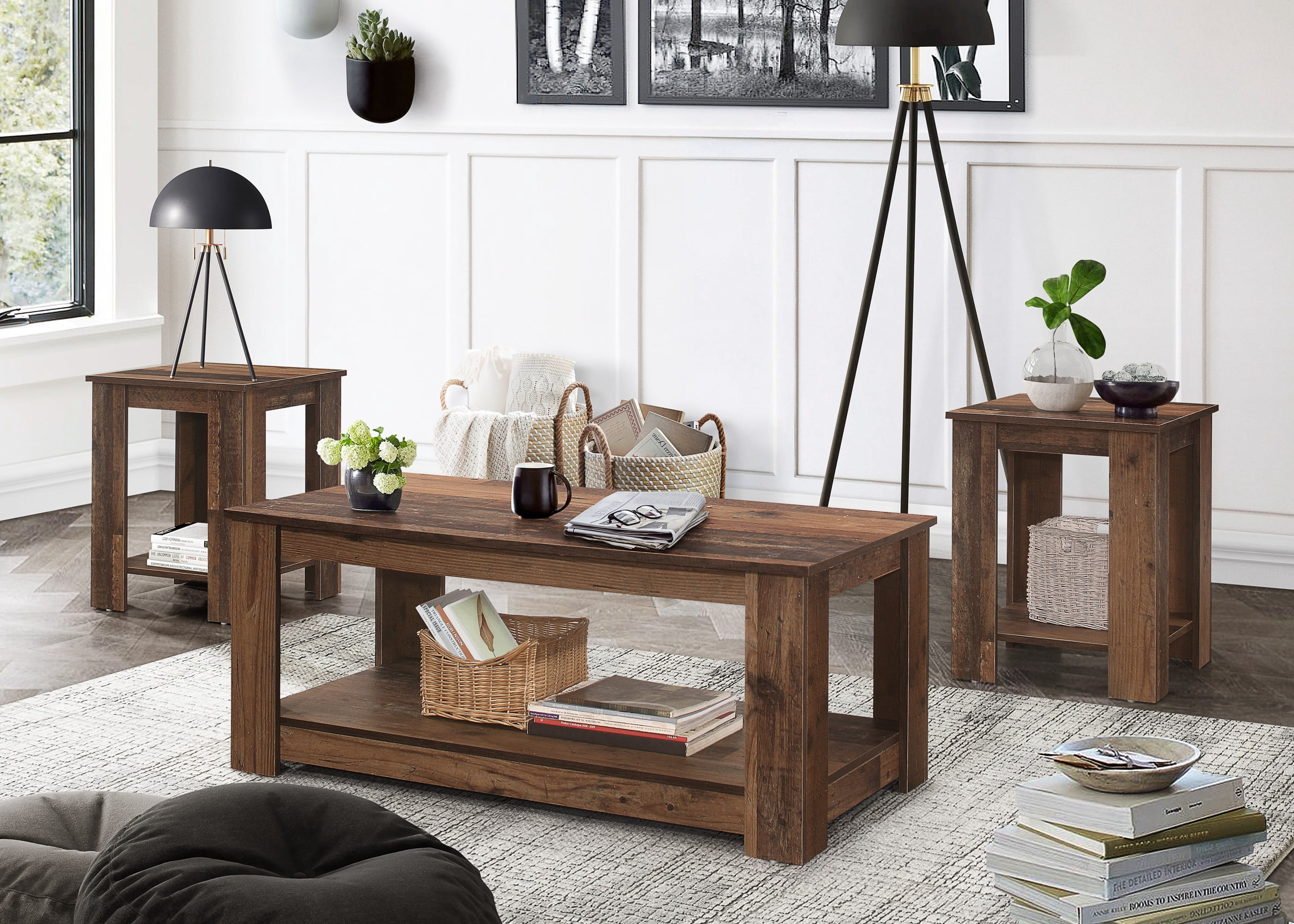 Home Design Gloria 3-Piece Coffee Table Set with Rectangular Coffee Table and Two Square End Tables, Modern Open Shelf Design for Living Room Storage and Displa