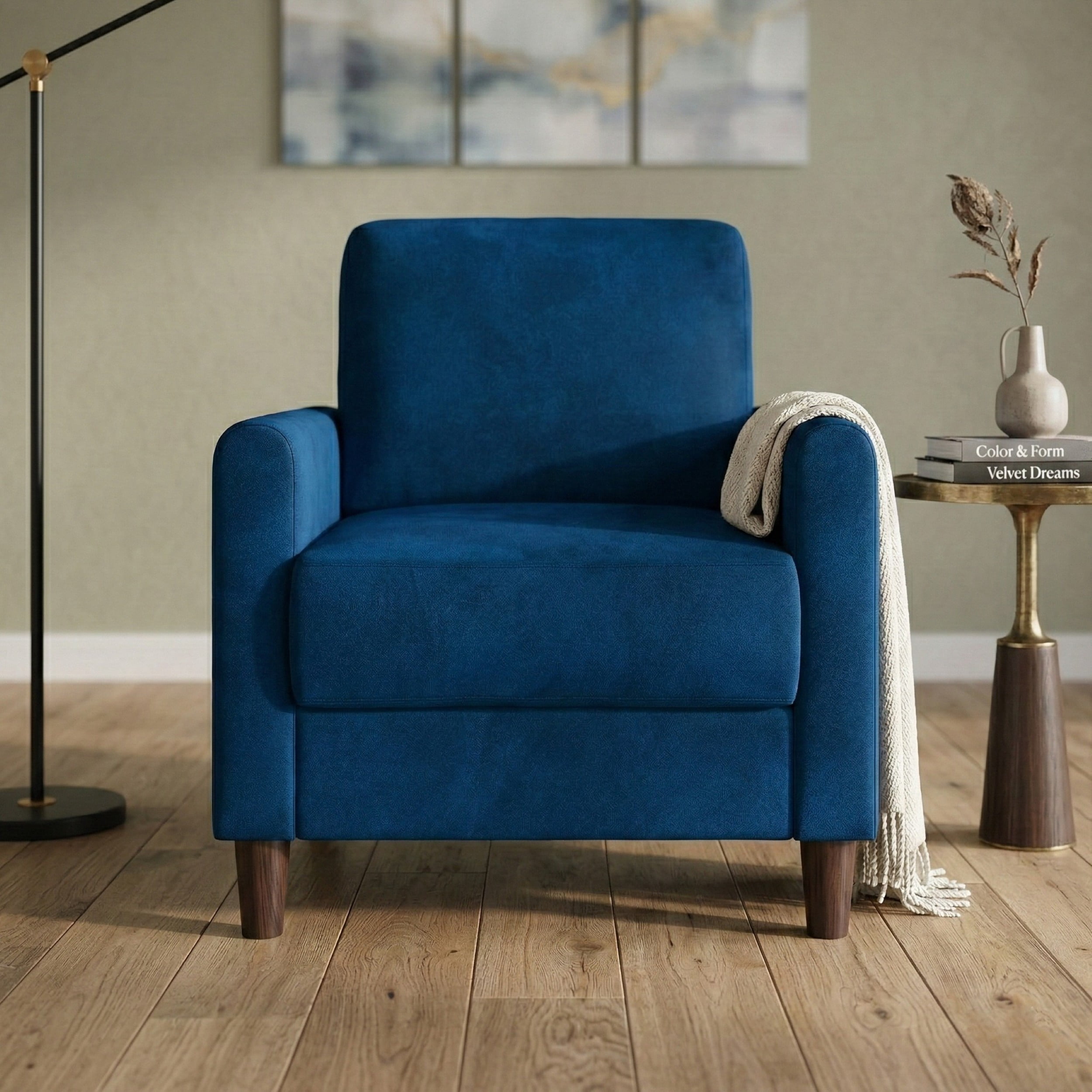 Home Design Goliad Velvet Armchair with Pocket Spring, Soft Cushions, Clean Lines Design, Blue