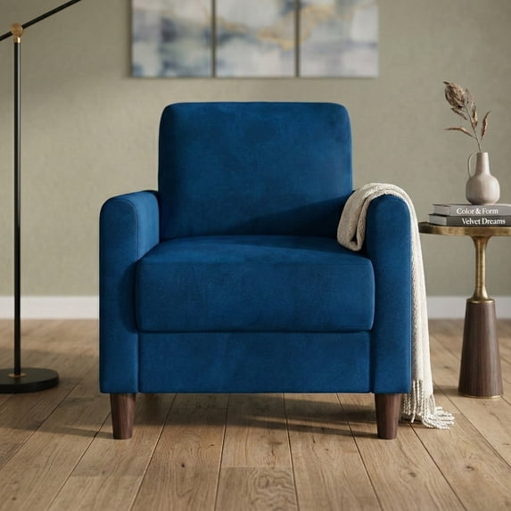 Home Design Goliad Velvet Armchair with Pocket Spring, Soft Cushions, Clean Lines Design, Blue