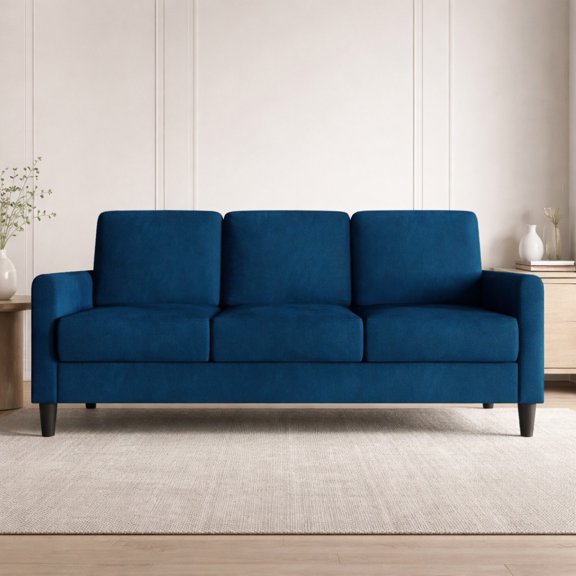 Home Design Goliad Velvet Arm Sofa with Pocket Spring, Soft Cushions, Clean Lines Design, Blue
