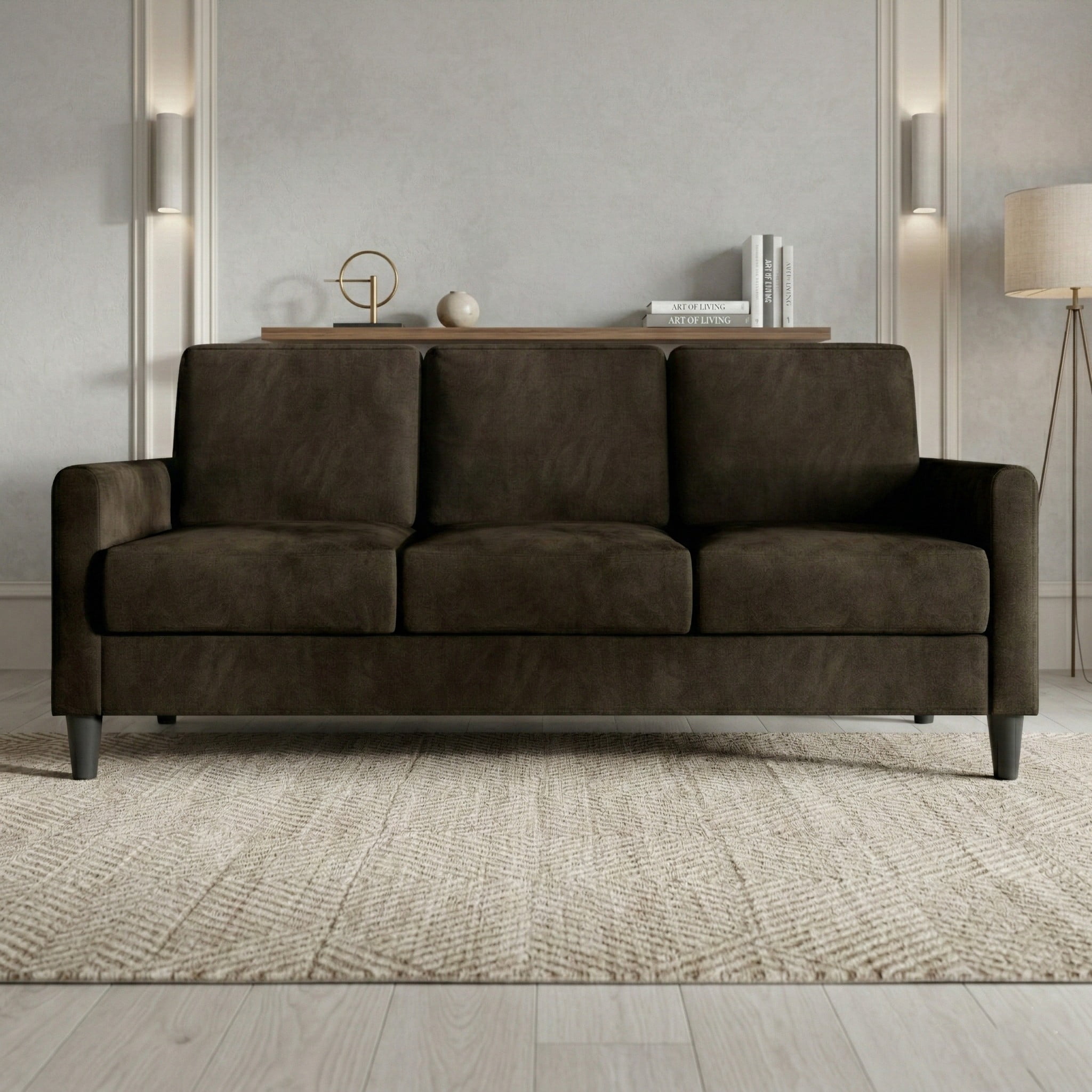 Home Design Goliad Velvet Arm Sofa with Pocket Spring, Soft Cushions, Clean Lines Design, Brown