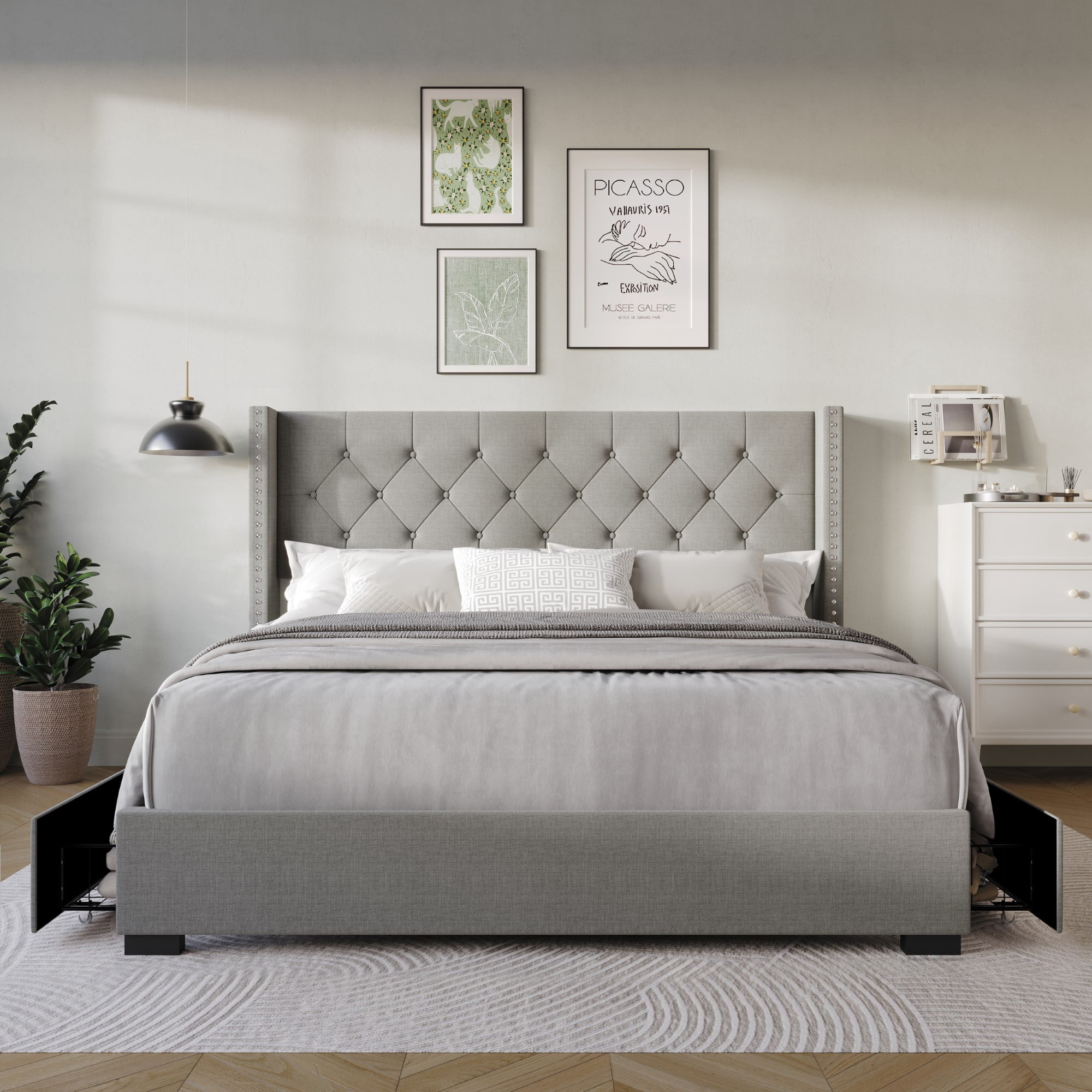 Home Design Greeley Full Tufted Upholstered Storage Platform Bed Frame with Button-Tufted Wingback Headboard and Four Under-Drawers, Light Gray, Easy Assembly
