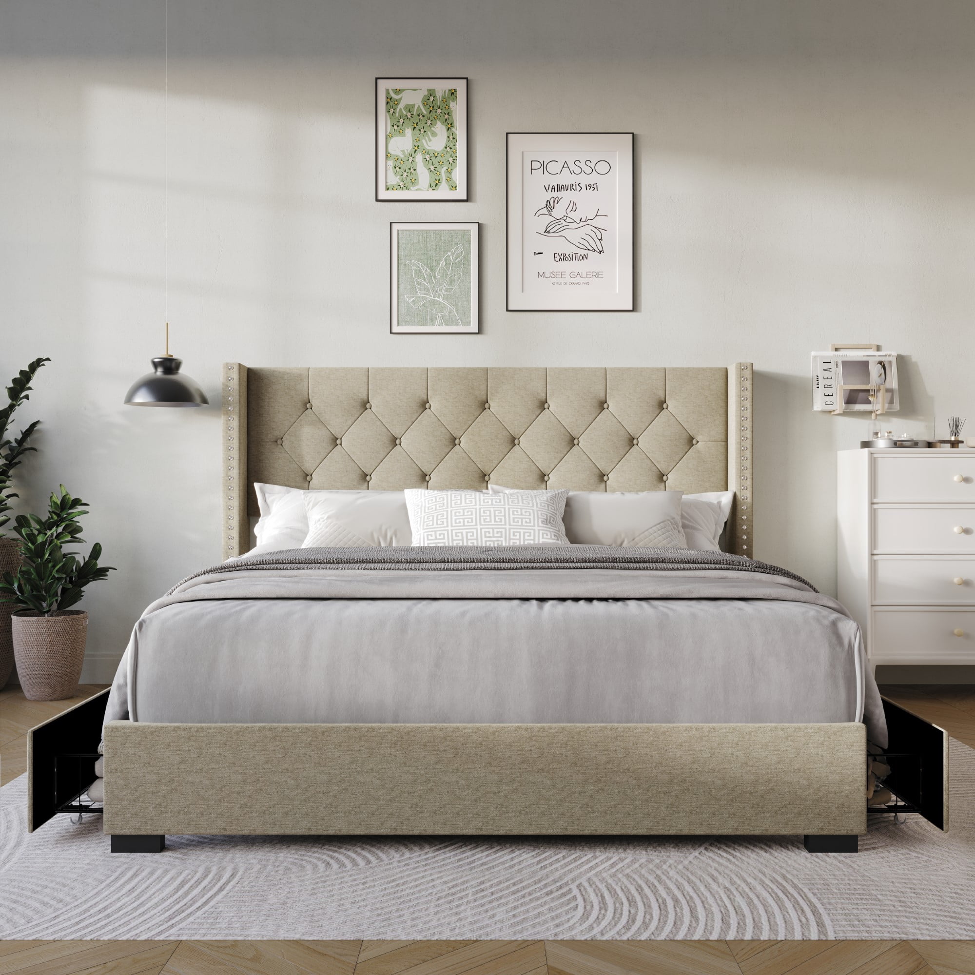 Home Design Greeley King Tufted Upholstered Storage Platform Bed Frame with Button-Tufted Wingback Headboard and Four Under-Drawers, Dark Beige, Easy Assembly