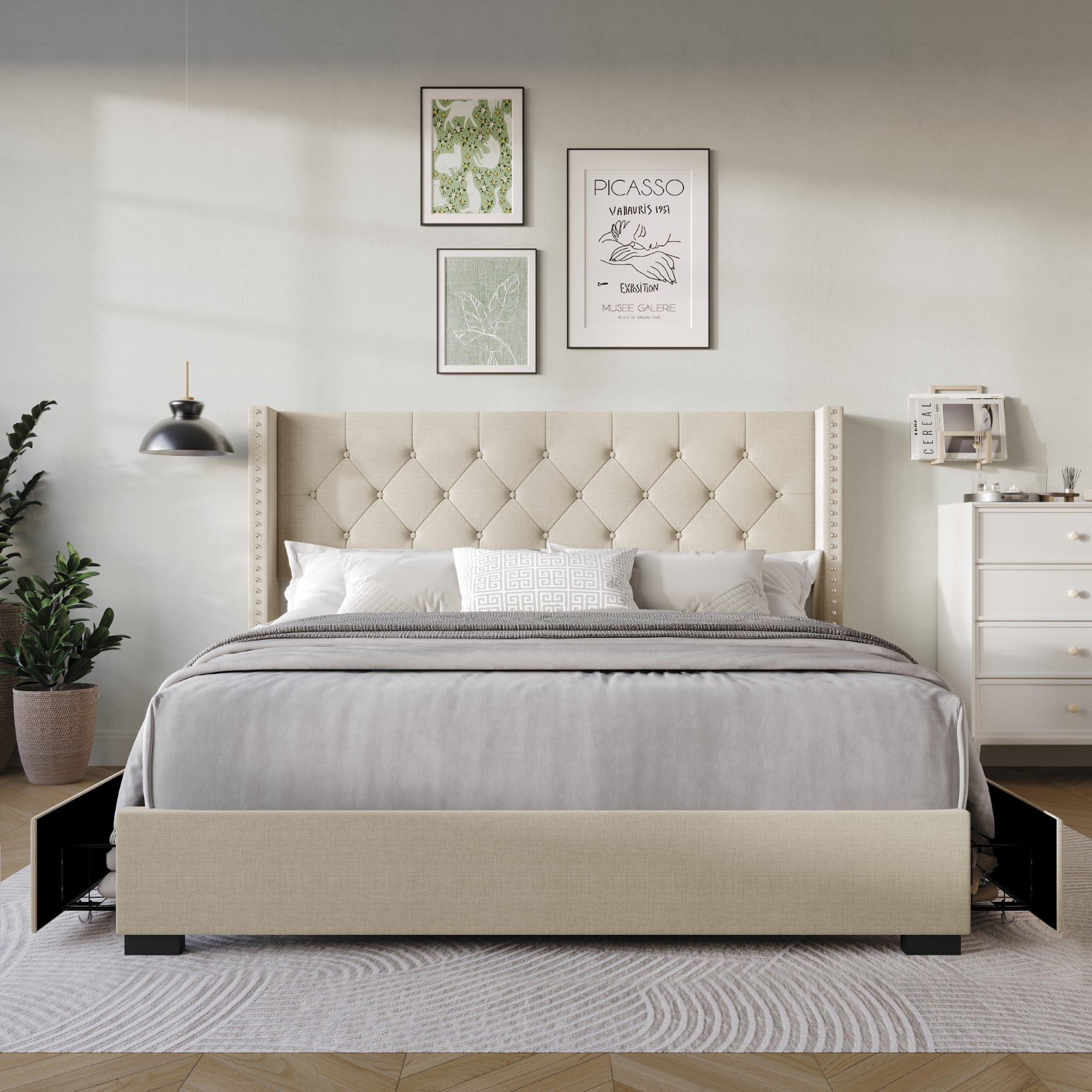 Home Design Greeley Queen Tufted Upholstered Storage Platform Bed Frame with Button-Tufted Wingback Headboard and Four Under-Drawers, Beige, Easy Assembly