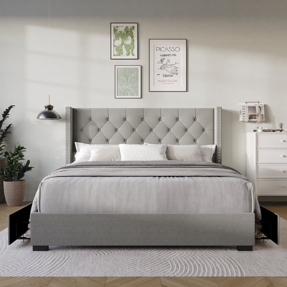 Home Design Greeley Queen Tufted Upholstered Storage Platform Bed Frame with Button-Tufted Wingback Headboard and Four Under-Drawers, Light Gray, Easy Assembly