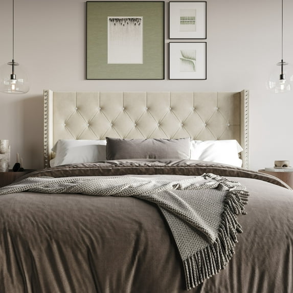 Home Design Gretna King Wingback Tufted Upholstered Headboard with Nailhead Trim, Beige
