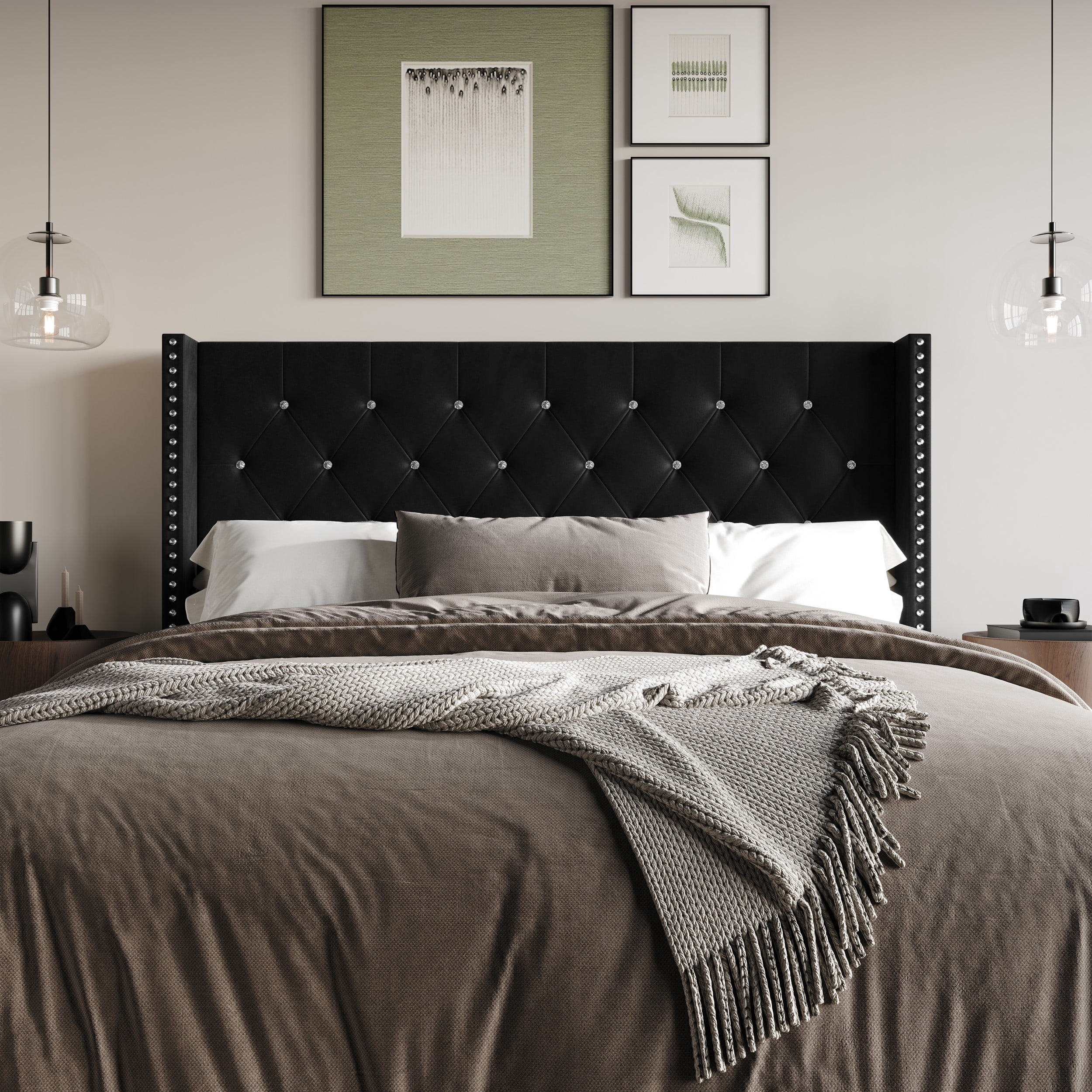 Home Design Gretna King Wingback Tufted Upholstered Headboard with Nailhead Trim, Black