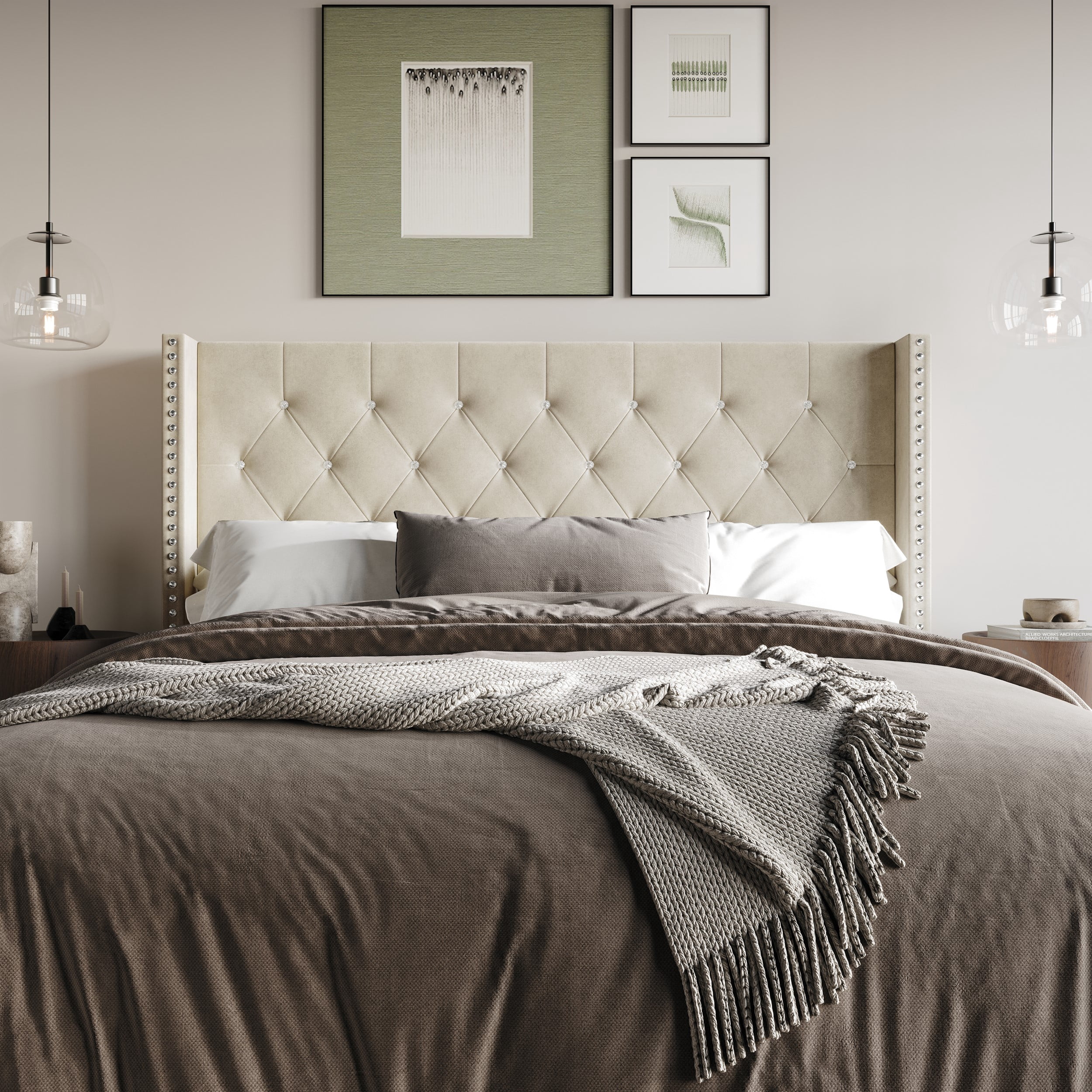 Home Design Gretna Twin Wingback Tufted Upholstered Headboard with Nailhead Trim, Beige