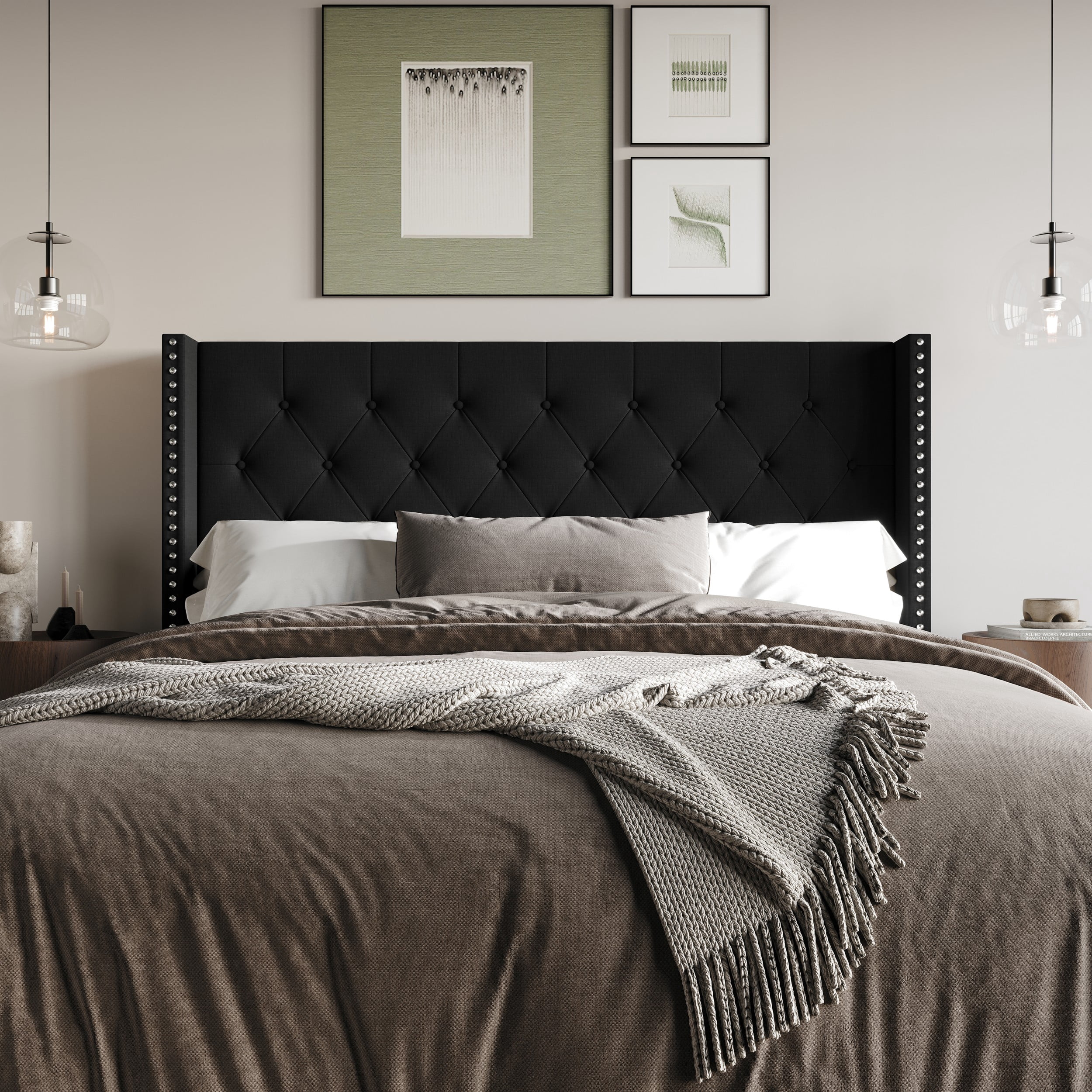 Home Design Grinnell Full Tufted Upholstered Headboard with Wingback Design & Button-Tufted Detail, Black, Easy Assembly