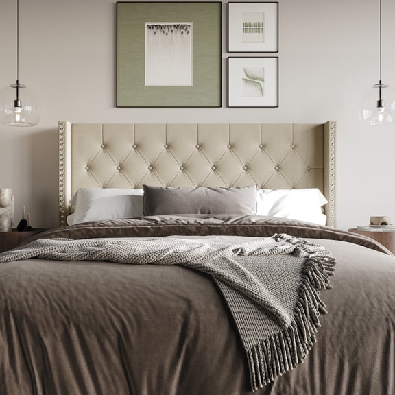 Home Design Grinnell King Tufted Upholstered Headboard with Wingback Design & Button-Tufted Detail, Beige, Easy Assembly