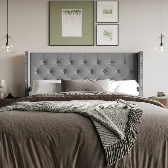 Home Design Grinnell Queen Tufted Upholstered Headboard with Wingback Design & Button-Tufted Detail, Gray, Easy Assembly