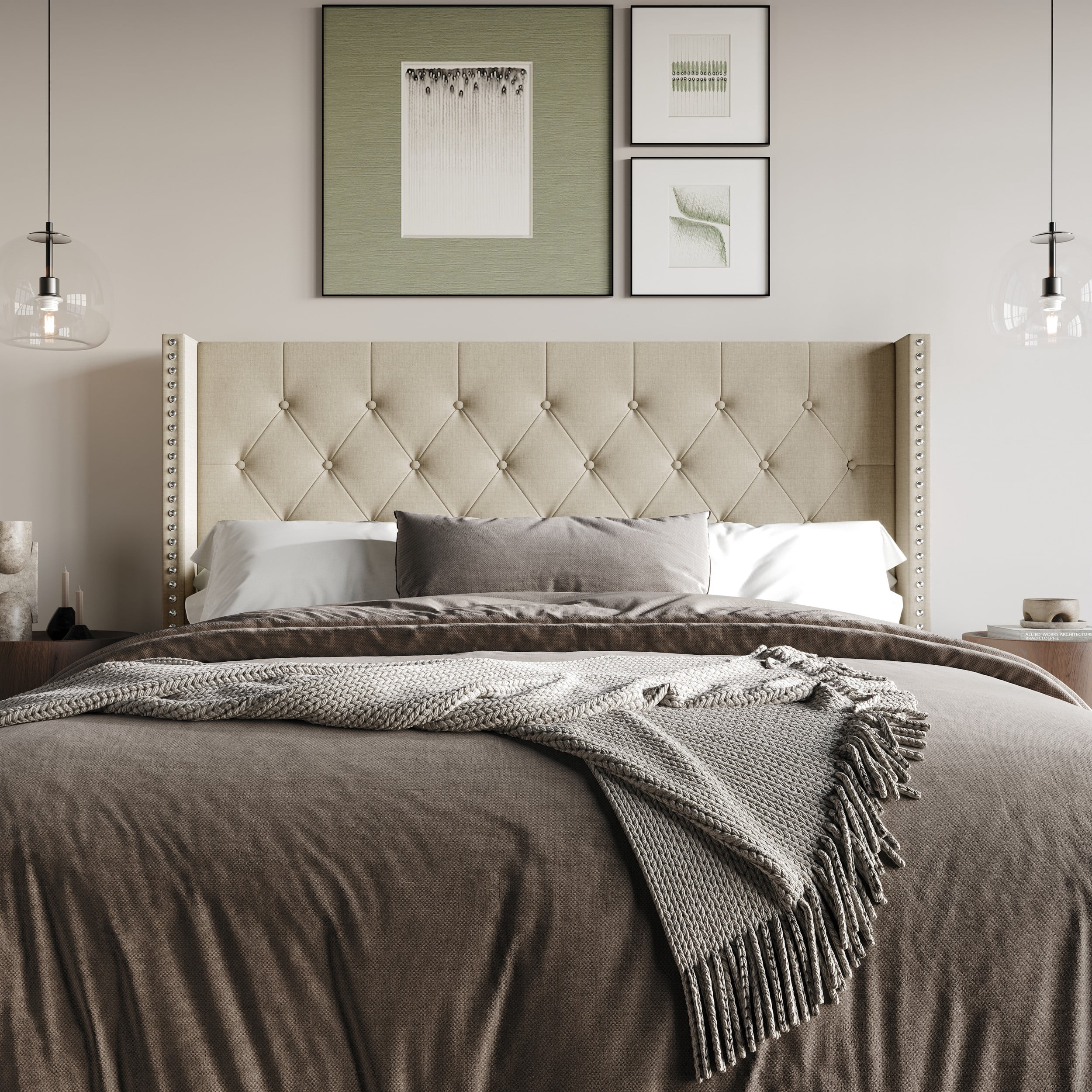 Home Design Grinnell Twin Tufted Upholstered Headboard with Wingback Design & Button-Tufted Detail, Beige, Easy Assembly