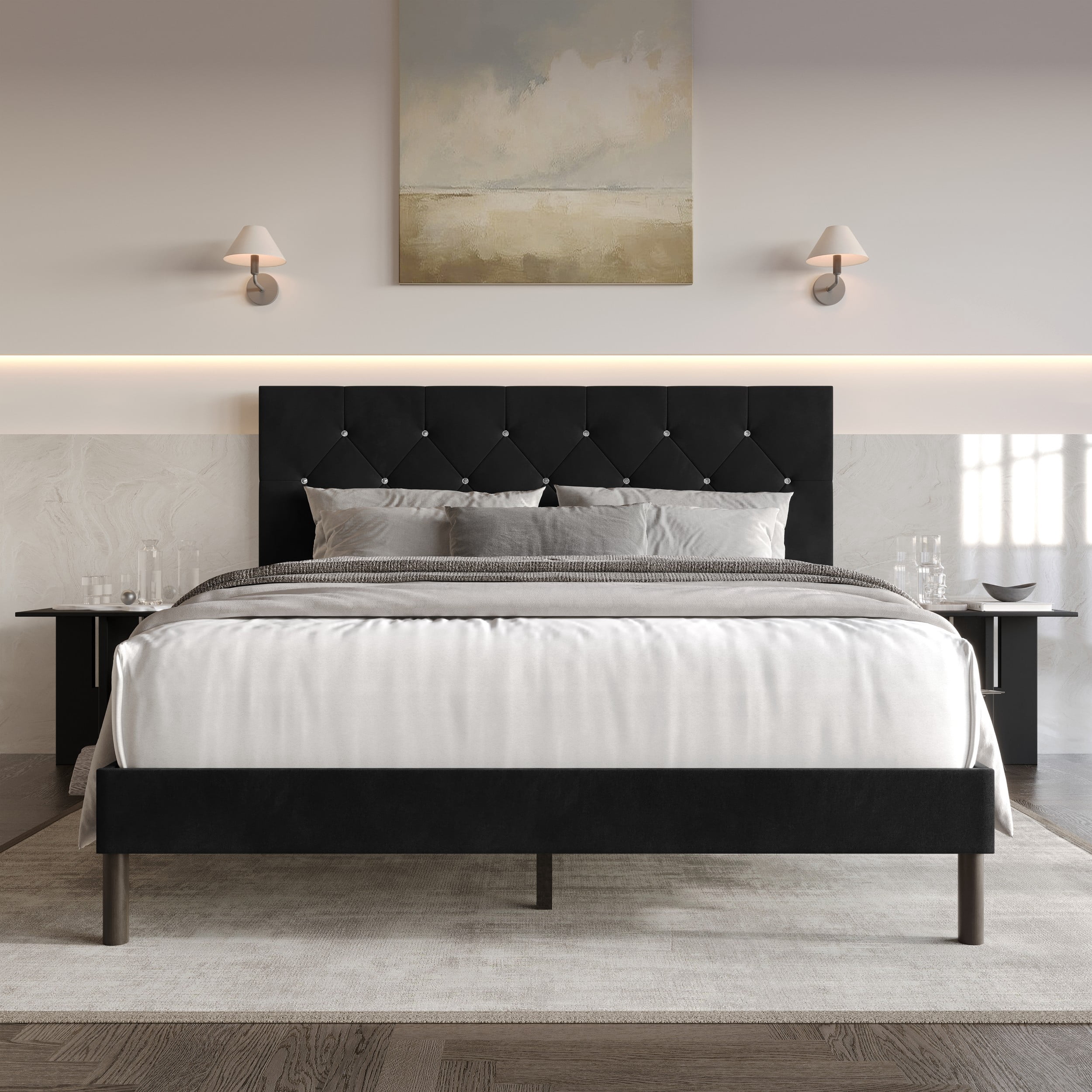 Home Design Groton King Tufted Velvet Upholstered Panel Bed Frame with Button-Tufted Headboard & Wingback Design, Black, Easy Assembly