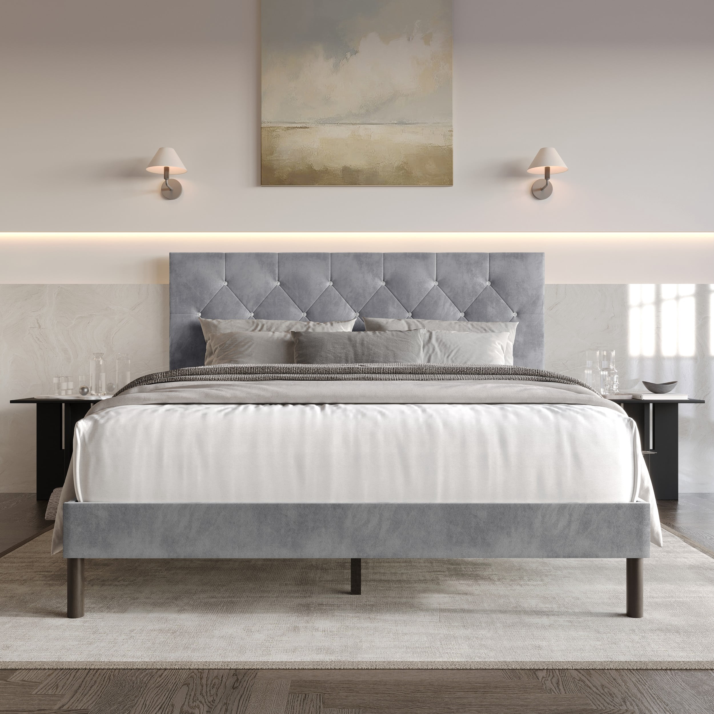 Home Design Groton Queen Tufted Velvet Upholstered Panel Bed Frame with Button-Tufted Headboard & Wingback Design, Silver Gray, Easy Assembly