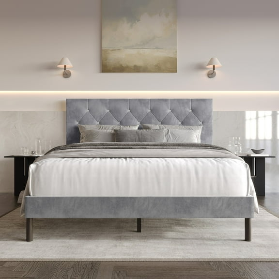 Home Design Groton Twin Tufted Velvet Upholstered Panel Bed Frame with Button-Tufted Headboard & Wingback Design, Silver Gray, Easy Assembly
