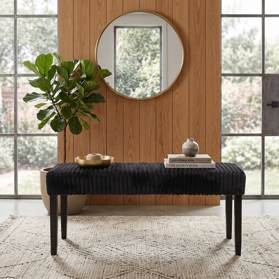 Home Design Guymon Modern Rectangular Upholstered Dining Bench with Corduroy Fabric and Wood Legs, Black