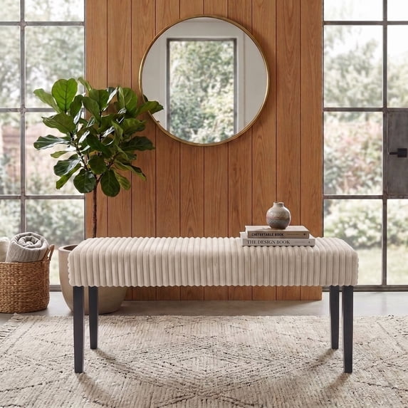 Home Design Guymon Modern Rectangular Upholstered Dining Bench with Corduroy Fabric and Wood Legs, Light Beige