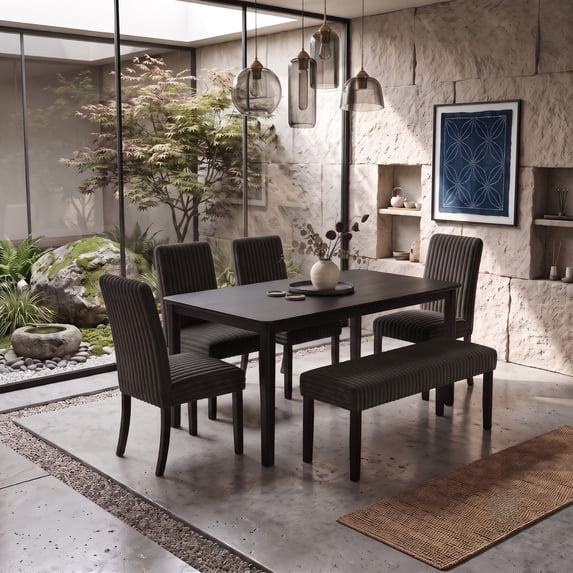 Home Design Guysaka 6-Piece Dining Set with Modern Rectangular Table, 4 Upholstered Corduroy Dining Chairs & Upholstered Bench, Black